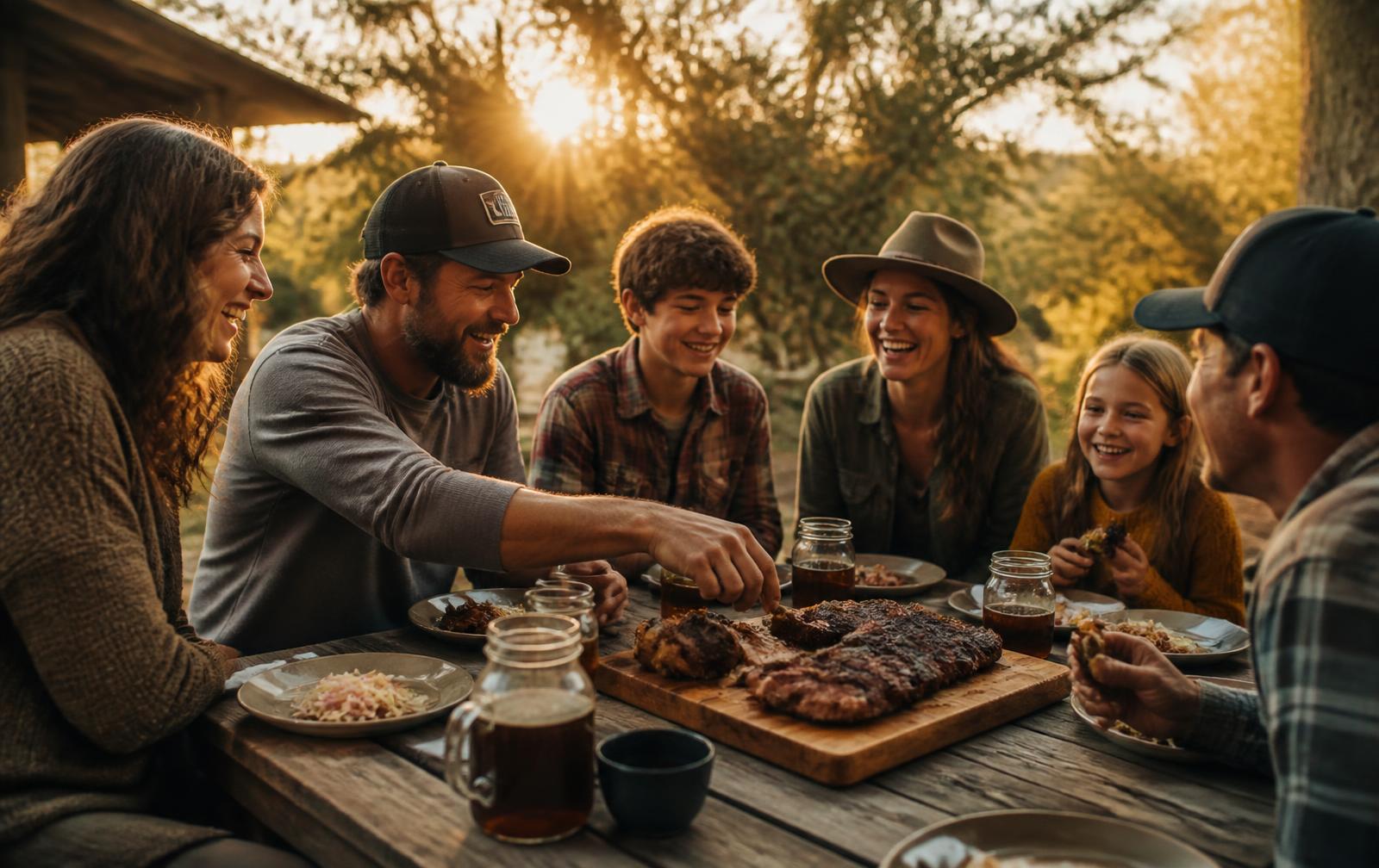 Famiglia e amici a tavola che condividono un brisket affumicato al tramonto
